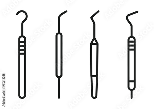Vector illustrations of four dental instruments used for oral care and hygiene