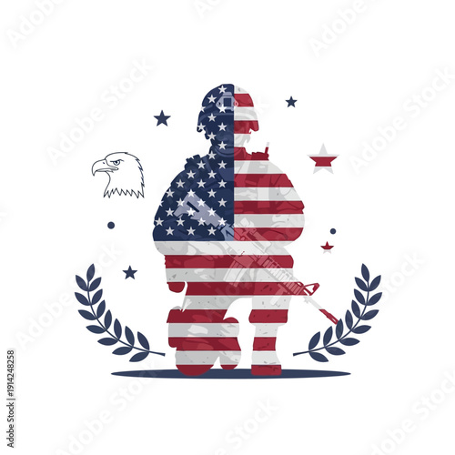 Soldier Kneeling with American Flag Overlay, Eagle, and Laurel Wreath