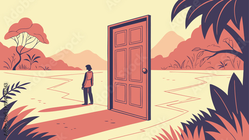 Man standing in vast desert landscape approaching open door symbolizing new opportunities and growth