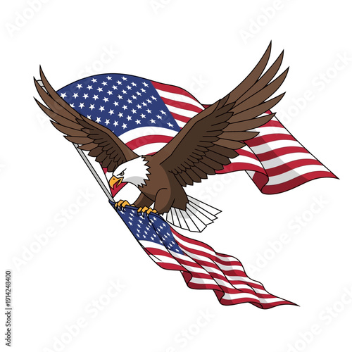 Majestic Eagle Flying with American Flag, Symbol of Freedom and Patriotism