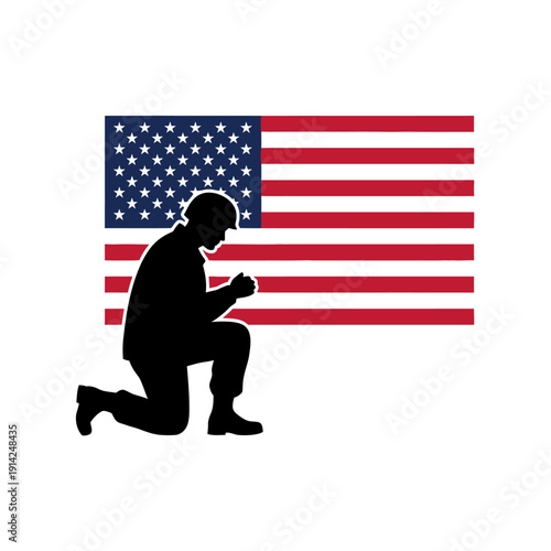 Soldier Praying Kneeling Before American Flag Silhouette