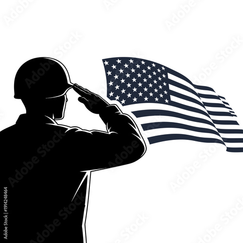 Soldier Saluting American Flag Silhouette - Patriotism and Military Service