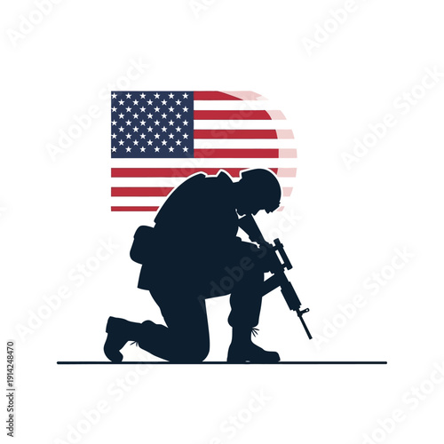 Soldier Kneeling Silhouette USA Flag Memorial Day Veteran Patriotism Military Service