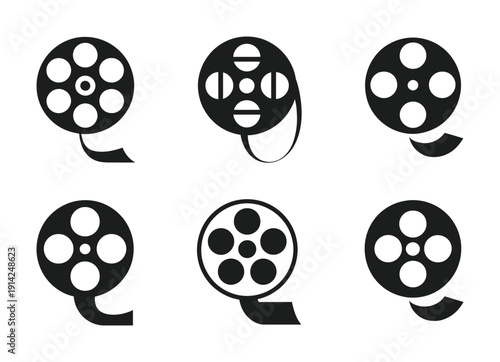 Set of six vector film reels arranged in a neat grid layout