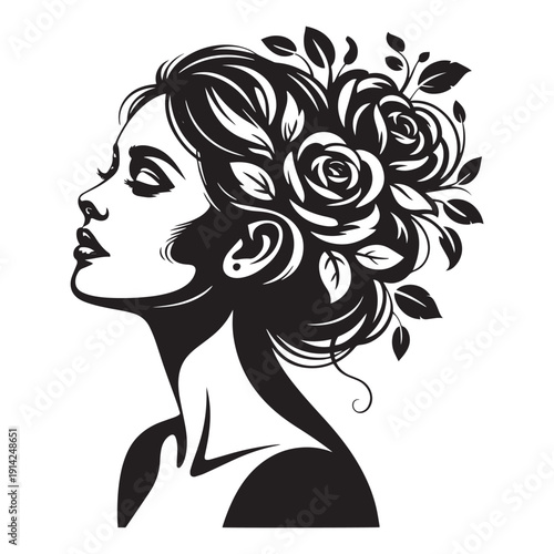 Beautiful woman profile with elegant floral hairstyle, side view of female face with decorative roses and leaves, fashion and beauty concept vector