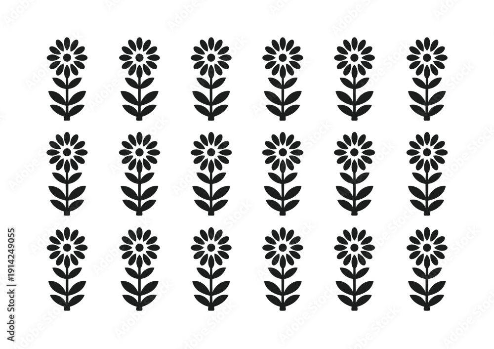 Obraz premium Pattern of black and white vector flowers arranged in a grid design