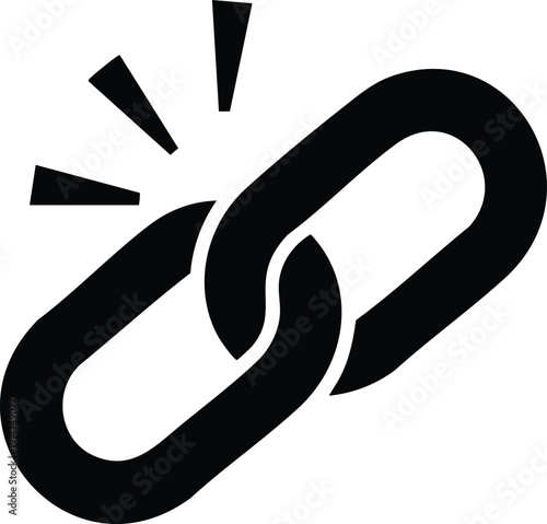 Black broken chain link symbol with radiating lines on white background Keywords: link, broken