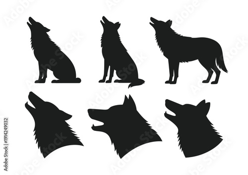 Silhouettes of wolves howling and standing in a vector illustration style.