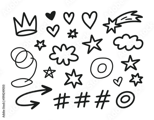Hand-drawn vector collection of doodles with stars, hearts, and other playful designs