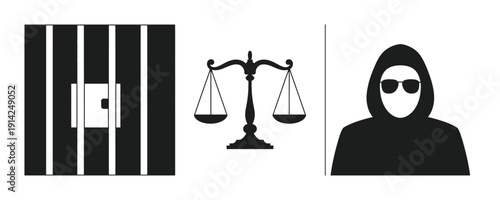 Vector illustration of justice scales between prison bars and a hooded figure
