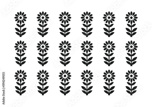 Pattern of black and white vector flowers arranged in a grid design
