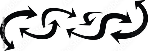 Black curved and wavy arrows in a sequence on a white background Keywords: arrows, black, curved