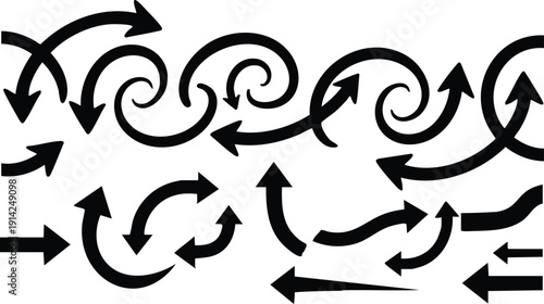 Collection of black arrows with various shapes and directions on a white background Keywords