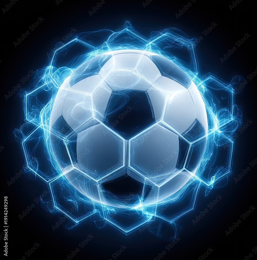 Fototapeta premium Soccer ball with electric energy ring illustration on black background