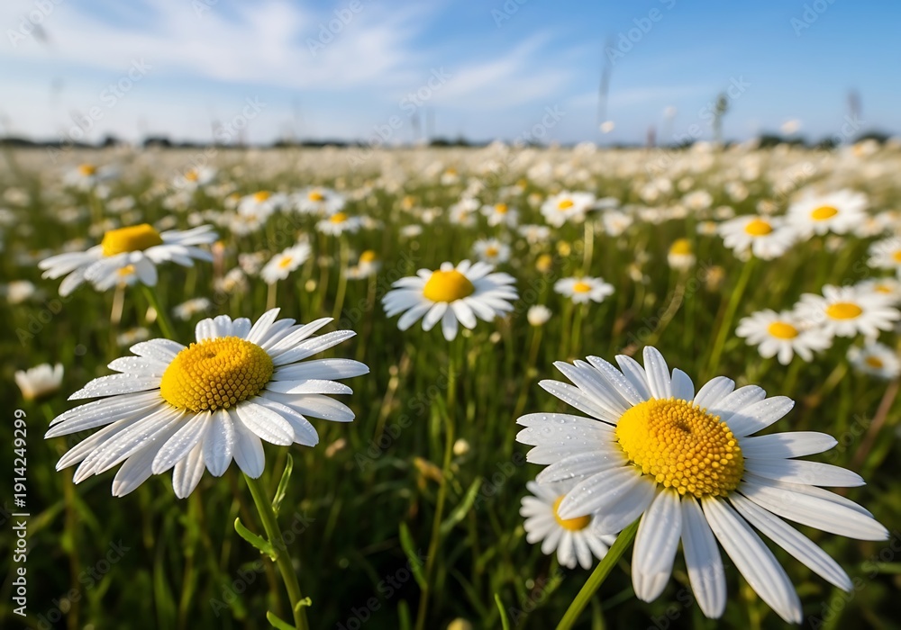 Fototapeta premium Closeup of white and yellow daisies in a green field under blue sky white flowers