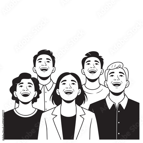 Group of five diverse people looking up with joyful expressions, mouths open in laughter or song, heads tilted back, celebrating, isolated