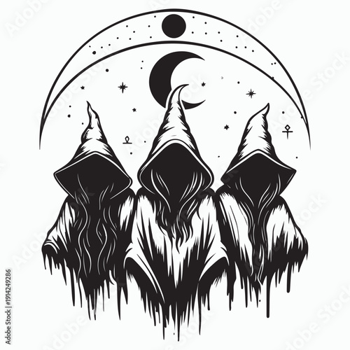 Mysterious hooded figures under crescent moon, occult and esoteric symbols t shirt design