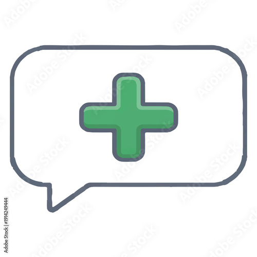 Medical support chat icon with green cross inside speech bubble representing healthcare consultation online doctor assistance pharmacy help and medical advice through messaging services