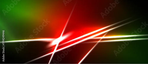 Abstract background features vibrant lines, gradients. Red, green, yellow hues dominate dark space. Dynamic energy radiates from central point.
