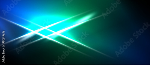 Abstract light streaks, vibrant blues, greens dominate. Bright central intersection creates dynamic visual effect. Dark background enhances luminosity.