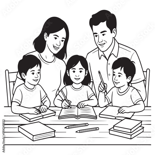 Happy family studying together at wooden table illustrating home schooling and shared educational moments illustration
