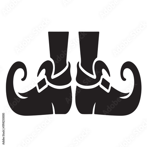 Two elf boots with pointy curled toes and buckles black silhouette side by side isolated on transparent background vector illustration christmas holiday footwear