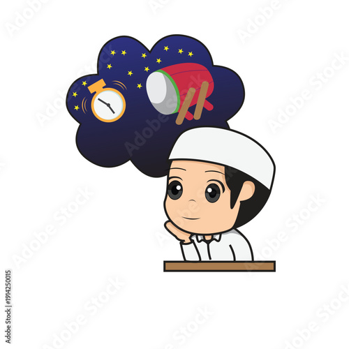 cute chibi muslim boy waiting for iftar time