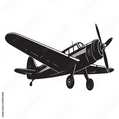 Vintage propeller airplane black silhouette isolated on transparent background vector illustration classic aviation design air travel transportation history