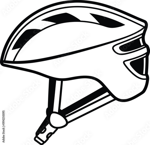 A simple line drawing of a bicycle helmet with ventilation holes and chin strap.