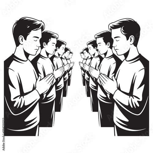 Many men praying in two rows vector illustration, group of people with hands clasped, traditional religious ceremony, devotion and spirituality concept