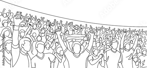 Isolated on transparent background line art image of a dense crowd of people