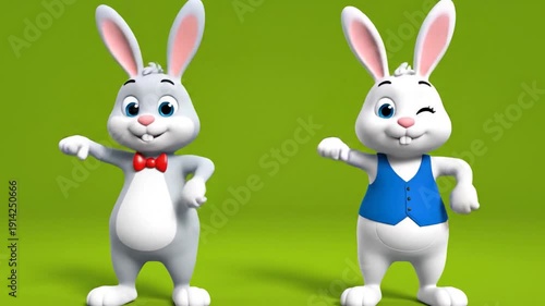 Two animated easter bunnies dancing on a green background for a festive spring holiday celebration