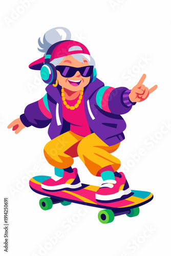 A Grandmother with a snowboard and skateboard enjoys active winter sports and action as a kid skater and snowboarder jumping in the snow for fun