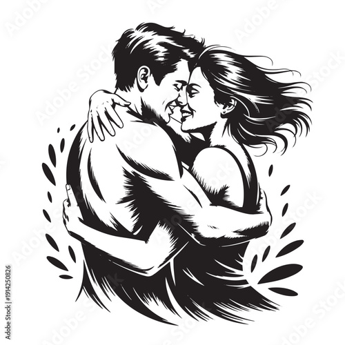 Passionate couple embraces in a close hug, expressing deep affection and connection with closed eyes and smiles