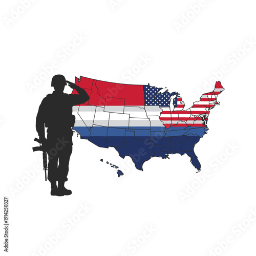 Patriotic Soldier Saluting USA Map Flag - Military Service and Freedom