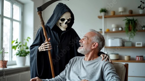 Grim Reaper figure with scythe standing behind elderly man in chair, modern living room interior, death personification, elderly care concept, surreal scene, symbolic representation.