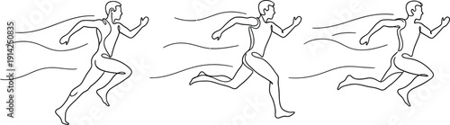 Three running human figures in motion isolated on transparent background