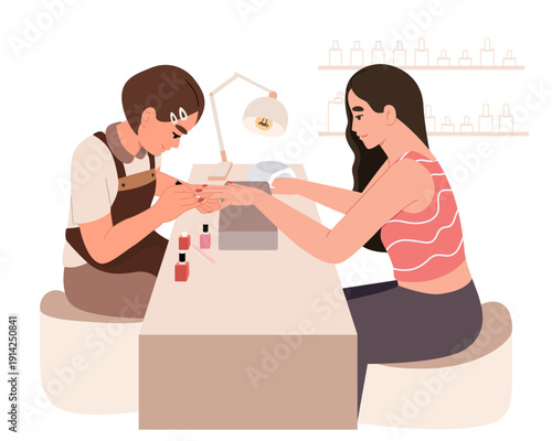 Professional Manicurist Doing Gel Nails for Client at Nail Salon