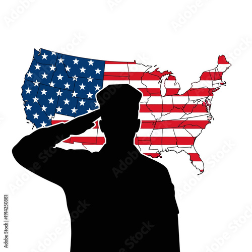 Patriotic Soldier Saluting USA Map with American Flag - Military Service and Freedom Concept