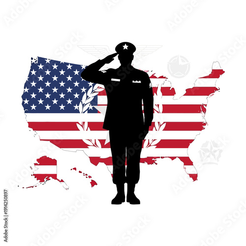 Patriotic Soldier Saluting USA Flag Map Silhouette - Veteran Honor Freedom