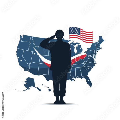 Patriotic Soldier Salutes USA Map and Flag: Symbol of Service and Freedom