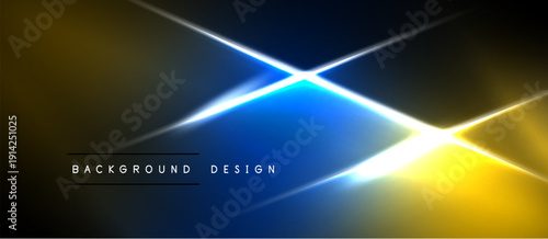 Abstract background features vibrant yellow, blue light streaks. Dark space surrounds bright central intersection. Modern design element.
