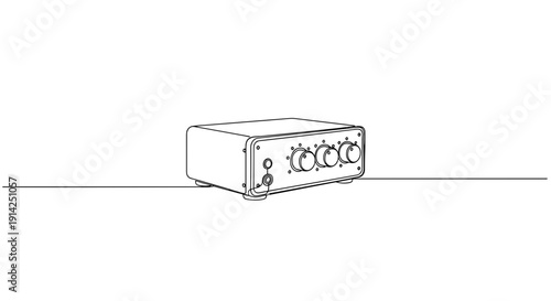 Audio amplifier in minimalist design with control knobs on white background  