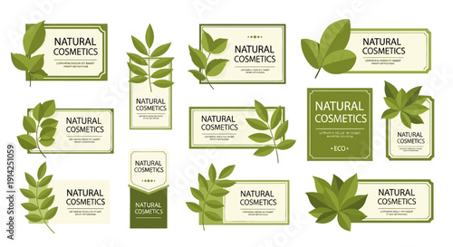 Set of green leaf shaped labels and badges for natural cosmetics products isolated on transparent background