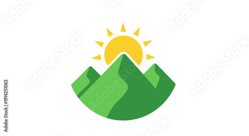 Vector illustration of green mountains with a yellow sun rising behind them, isolated on transparent background