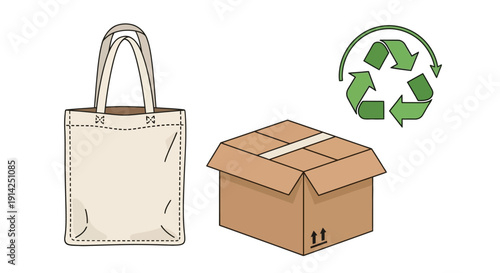 Vector illustration of a beige tote bag, cardboard box, and recycling symbol on transparent background