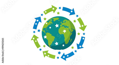 Vector illustration of a green and blue globe surrounded by colorful arrows on a transparent background