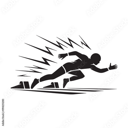 Sprinter athlete silhouette starting race from blocks with dynamic speed lines and lightning effects symbol representing power energy and fast movement on black and white
