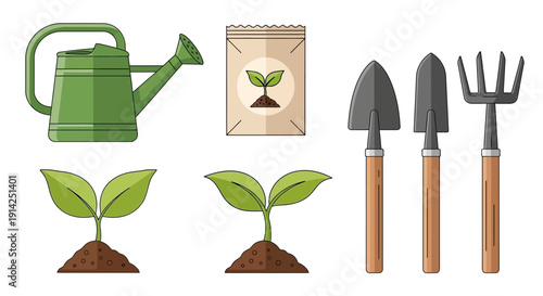vector gardening tools and seedlings isolated on transparent background