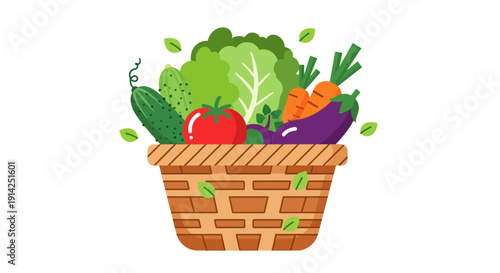Vector illustration of a wicker basket overflowing with fresh vegetables including lettuce, carrots, and bell peppers, isolated on transparent background